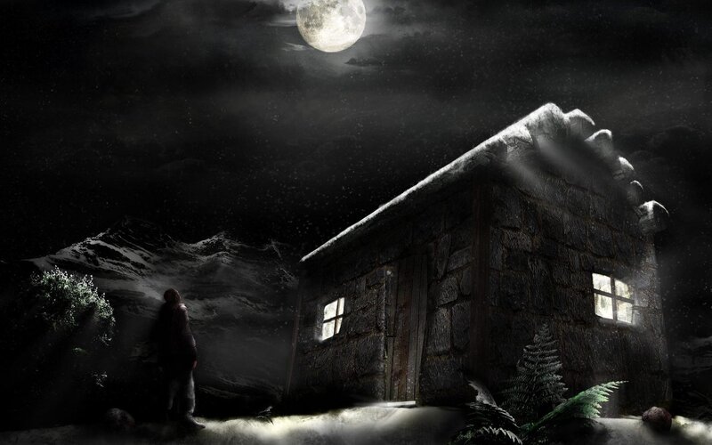 lonely cabin under moonlight
