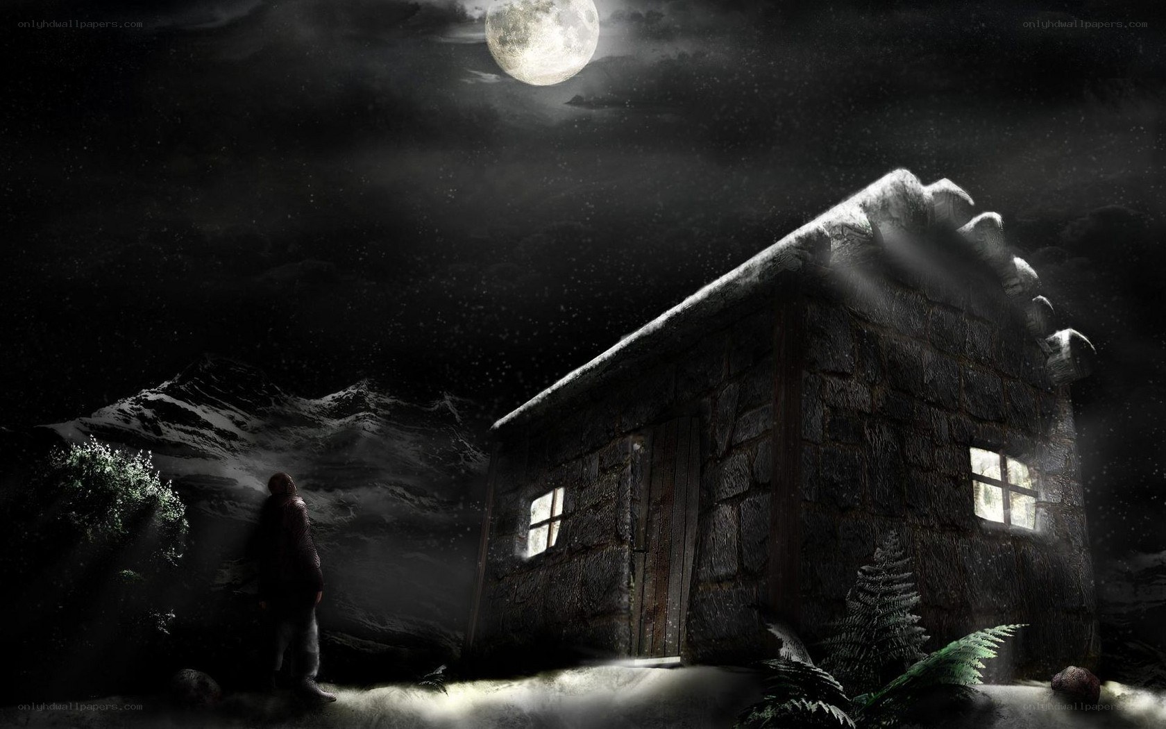 lonely cabin under moonlight