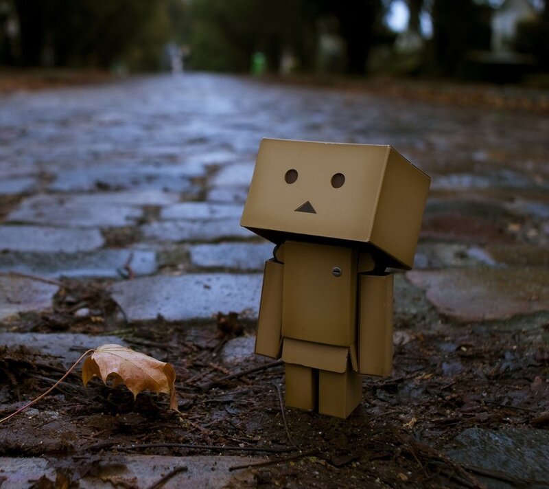 lonely cardboard robot on path