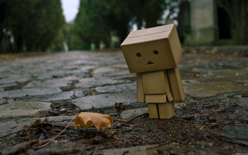 lonely cardboard robot on path