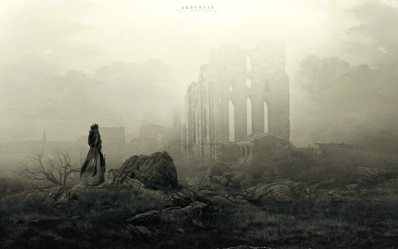lonely figure in a ruined landscape
