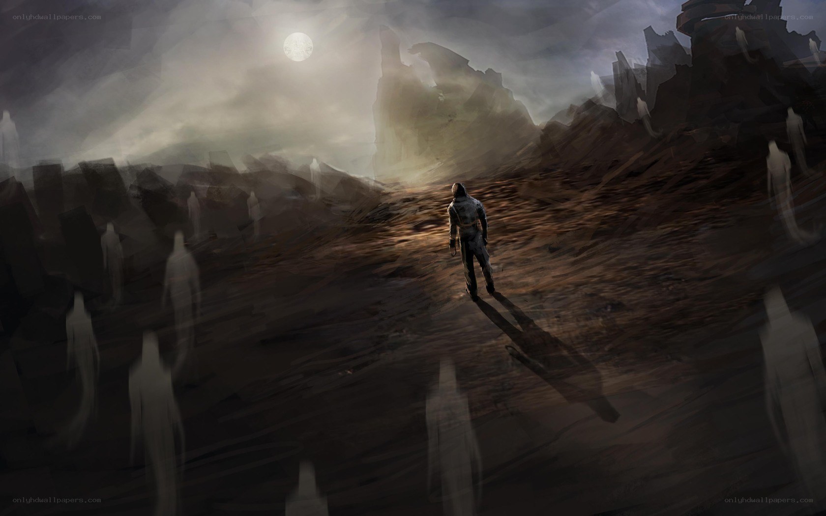 lonely figure in desolate landscape