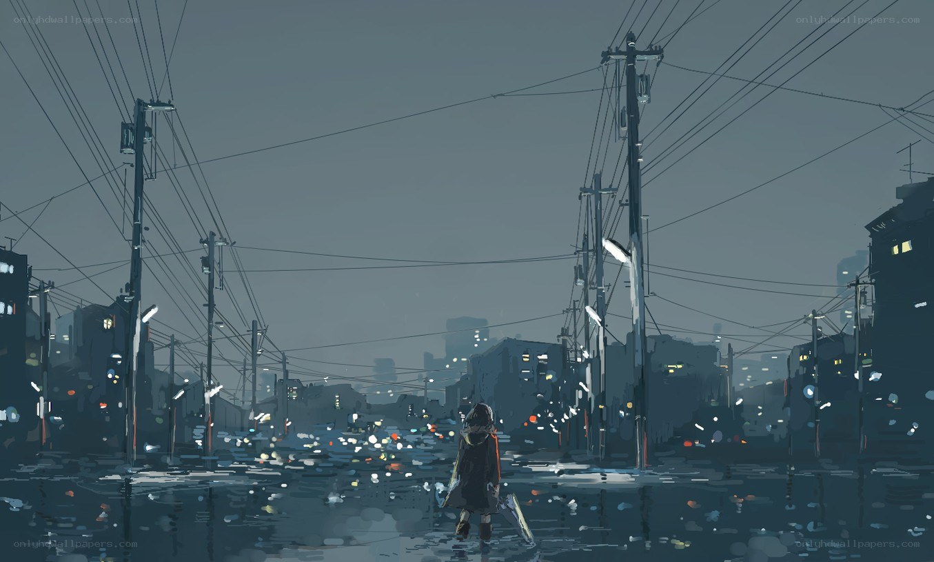 lonely figure in rainy city