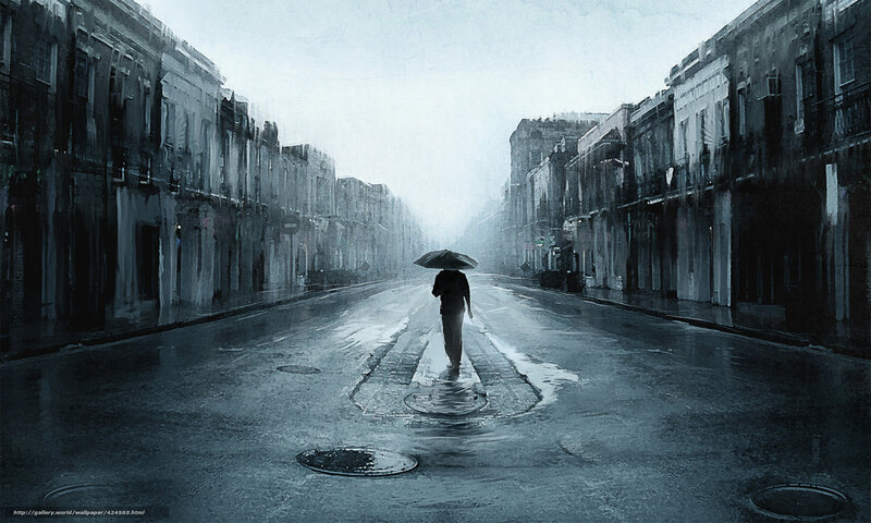 lonely figure in rainy street