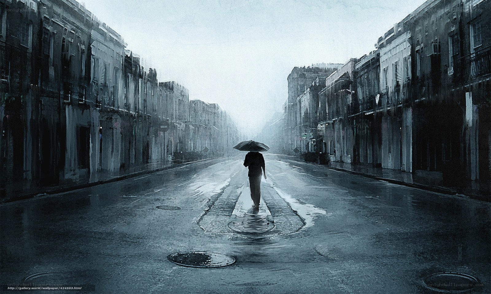 lonely figure in rainy street