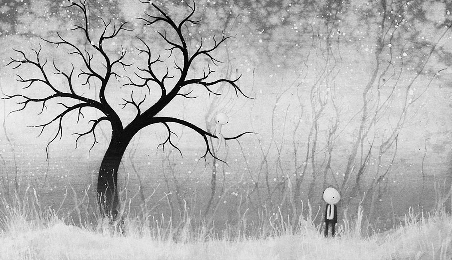 lonely figure in snowy forest