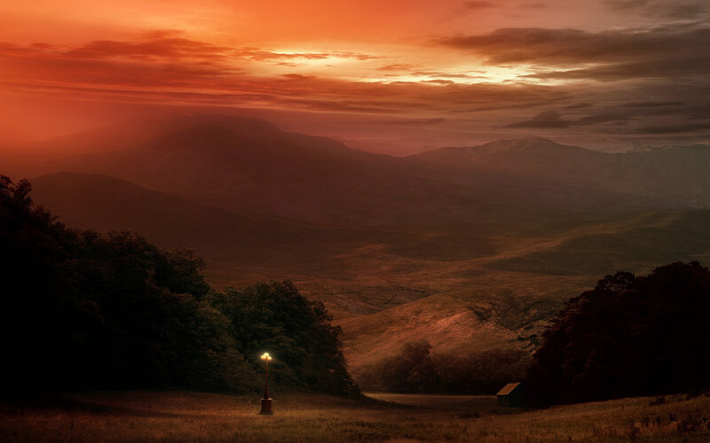 Lonely Lamp in Valley — Orange, Dramatic