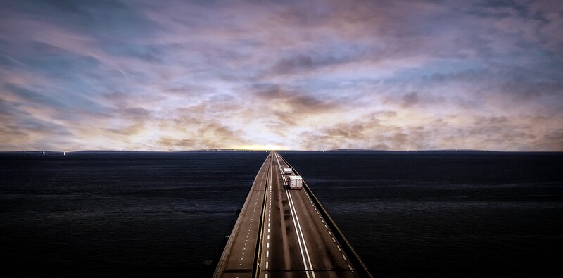 Long Bridge over Ocean — Blue, Dramatic