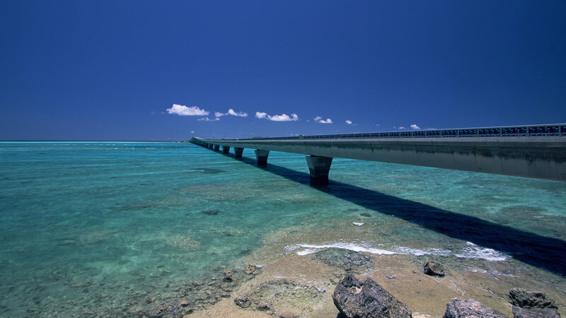 Long Bridge over Turquoise Water — Blue