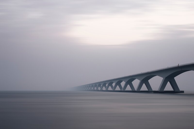 Long Bridge over Water — Gray, Serene, Morning