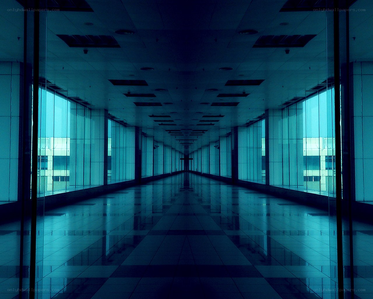 Long corridor with blue tint