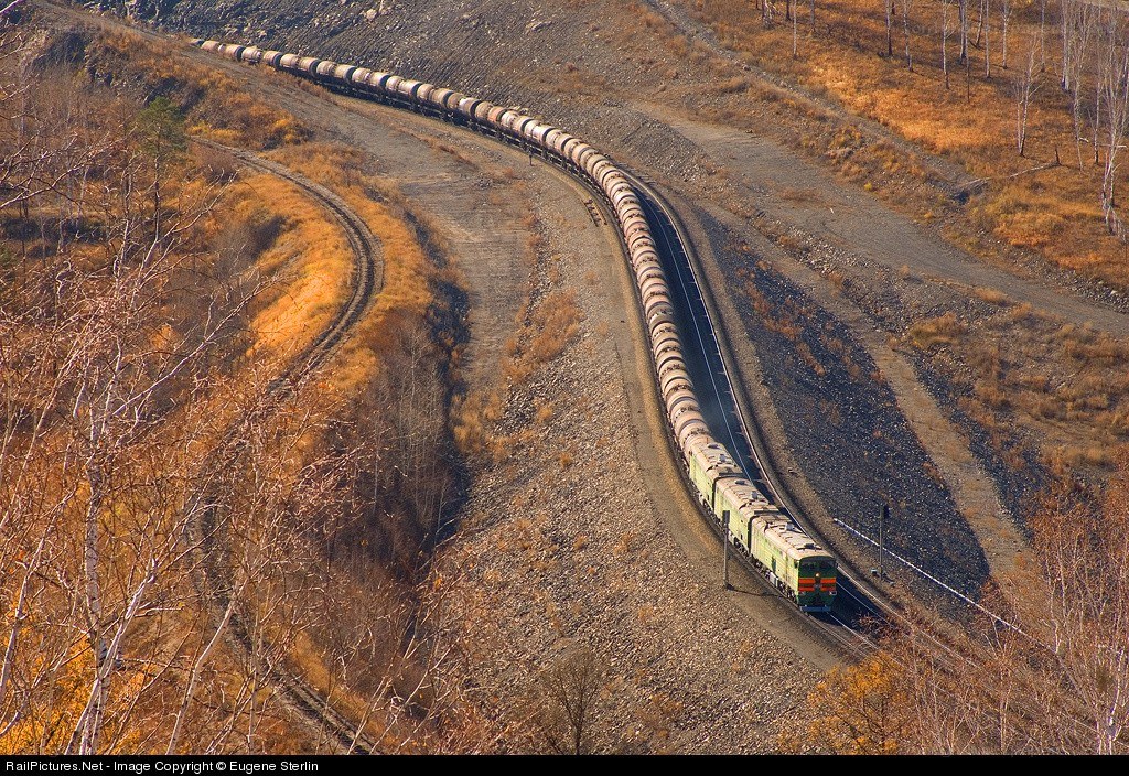 Long freight train on curved track