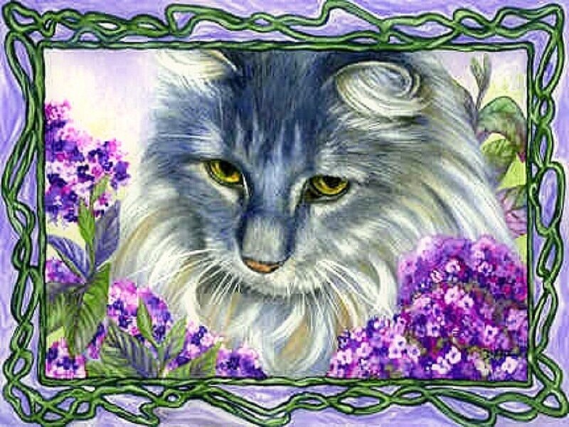 Long-haired Cat in Flowers — Purple