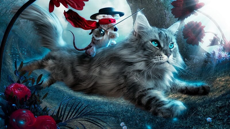 Long-haired Cat with Mouse — Blue
