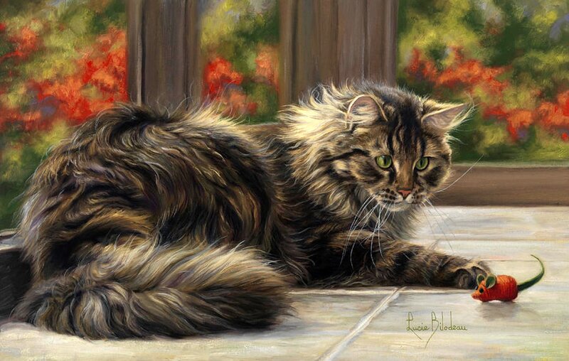Long-haired Tabby Cat — Brown, Calm, Autumn, Painting