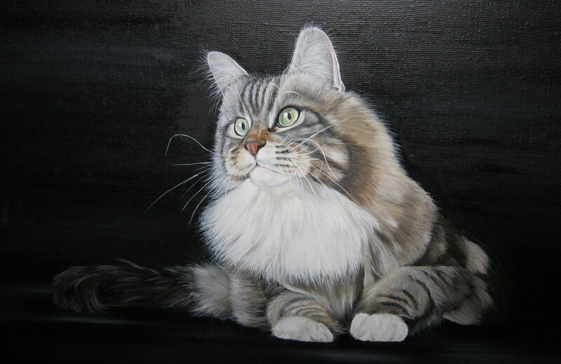 Long-haired Tabby Cat — Gray, Calm, Painting