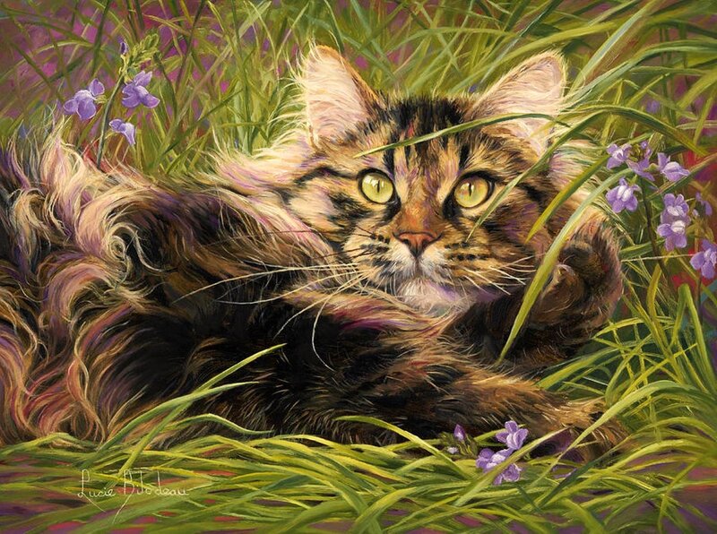 Long-haired Tabby Cat — Green, Calm, Spring, Painting