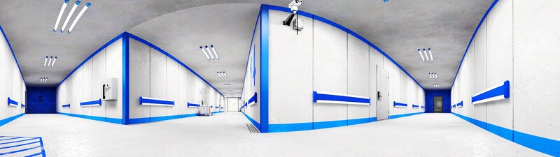 Long Hallway with Blue Trim