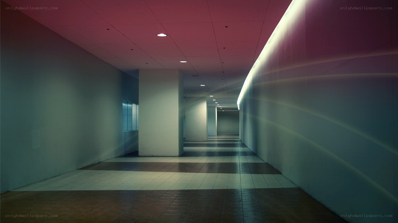 long hallway with colored lighting