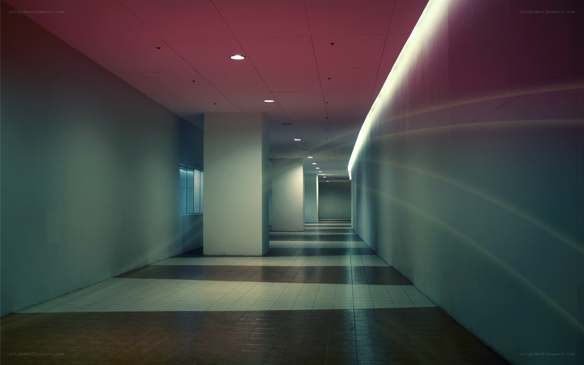 long hallway with colored lighting
