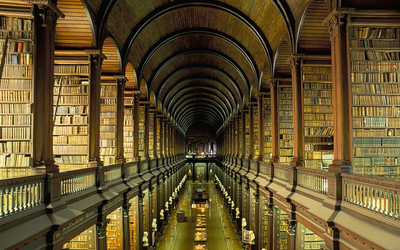 Long Library Hall — Brown, Serene, Photograph, Bookshelves