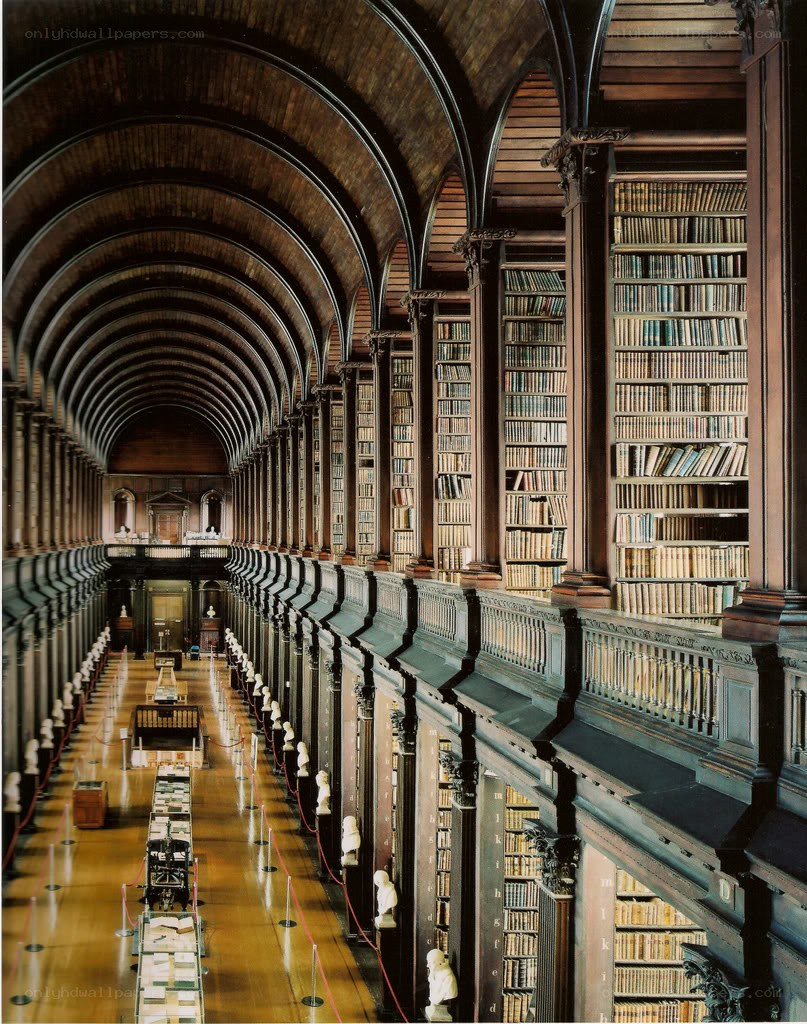 Long library hall with bookshelves