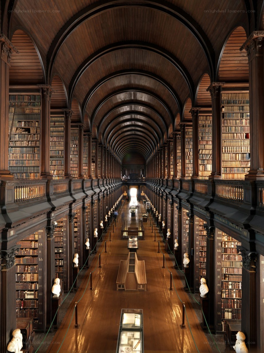 Long library hall with bookshelves