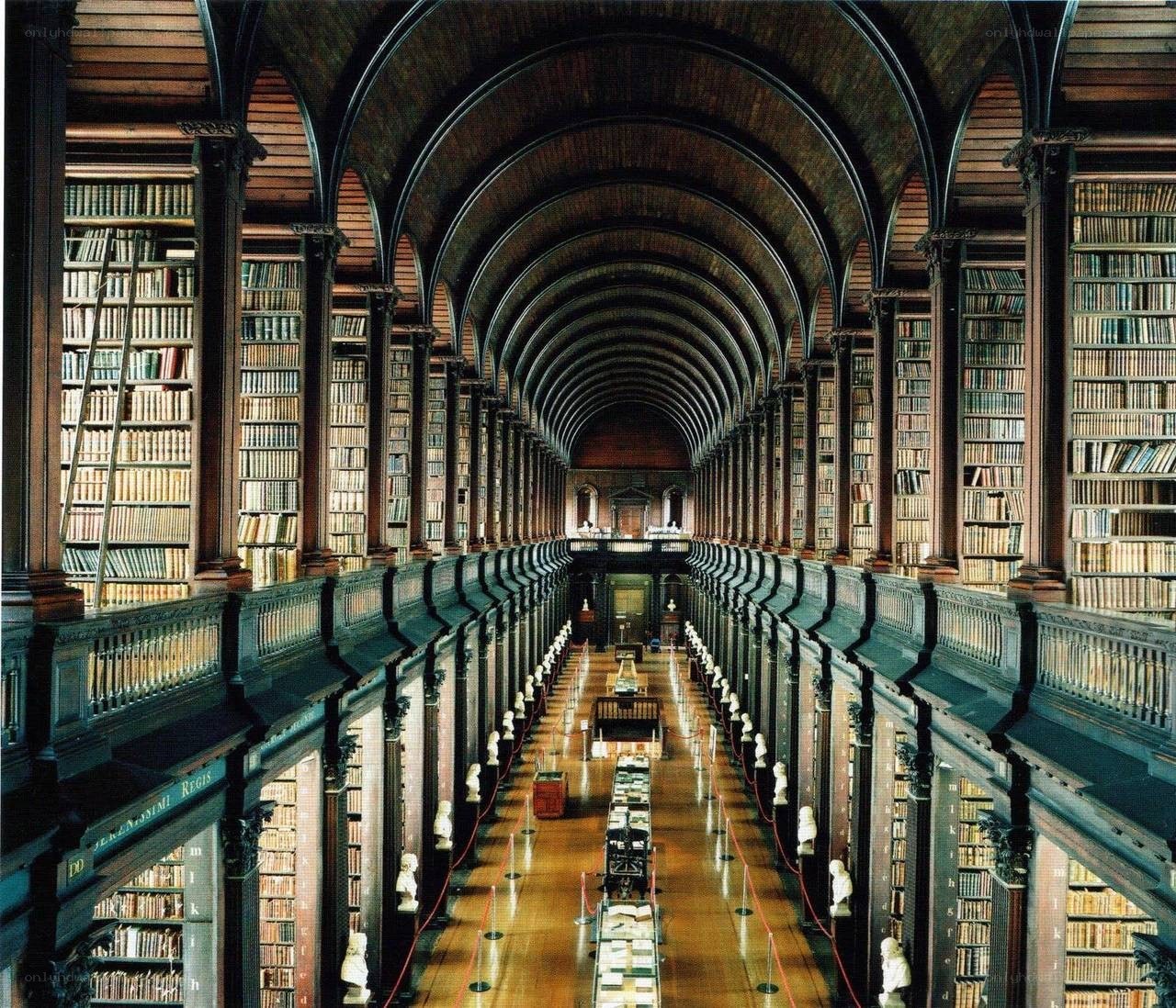 Long library hall with bookshelves