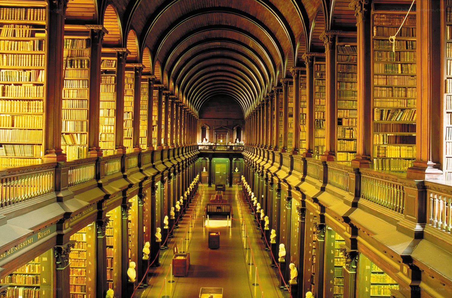 Long library hall with bookshelves