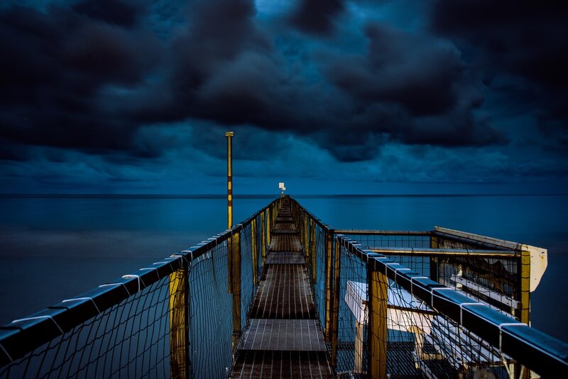 Long Pier at Dusk — Blue, Dramatic