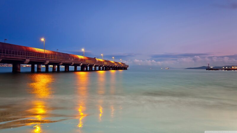 Long Pier at Dusk — Blue, Serene, Sunset
