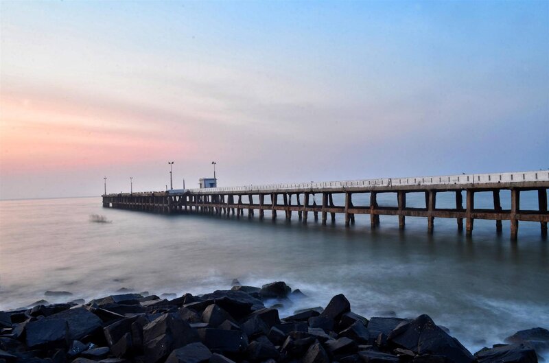Long Pier at Sunset — Blue, Serene, Photograph, Ocean