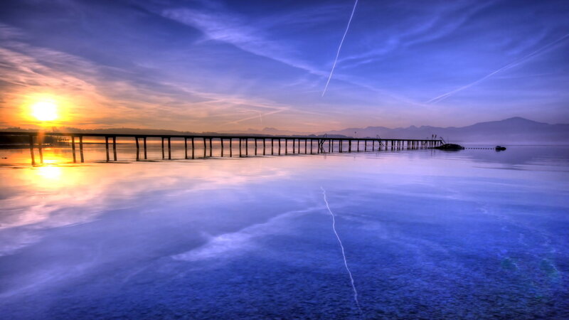 Long Pier at Sunset — Blue, Serene, Photograph, Sun
