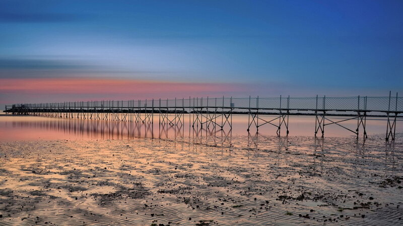 Long Pier at Sunset — Blue, Serene, Photograph