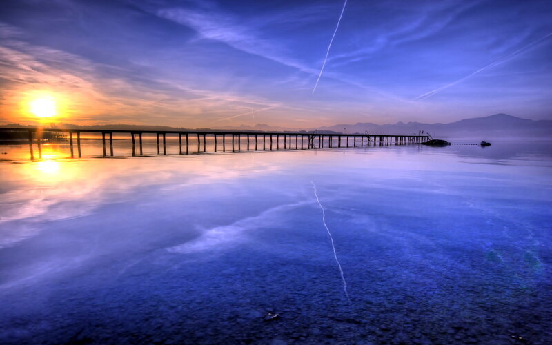 Long Pier at Sunset — Blue, Serene