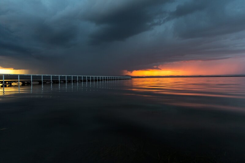 Long Pier at Sunset — Orange, Dramatic, Photograph, Sky