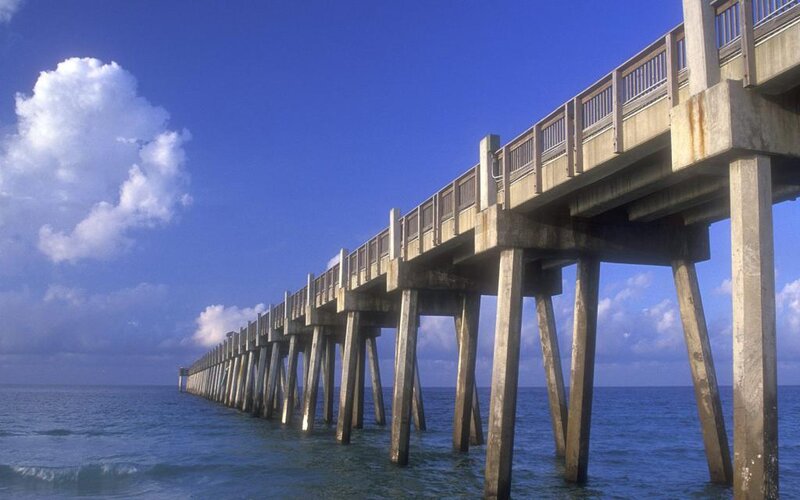 Long Pier over Ocean — Blue, Serene, Afternoon, Photograph