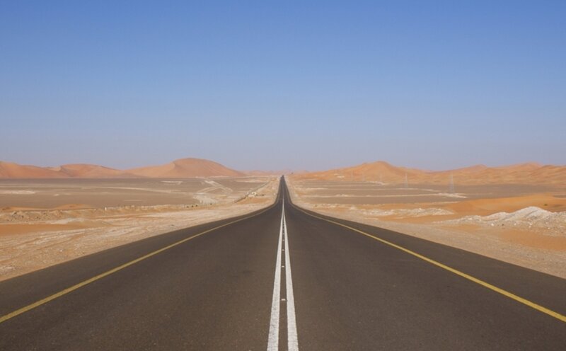 Long Road in Desert — Blue, Serene, Afternoon, Photograph
