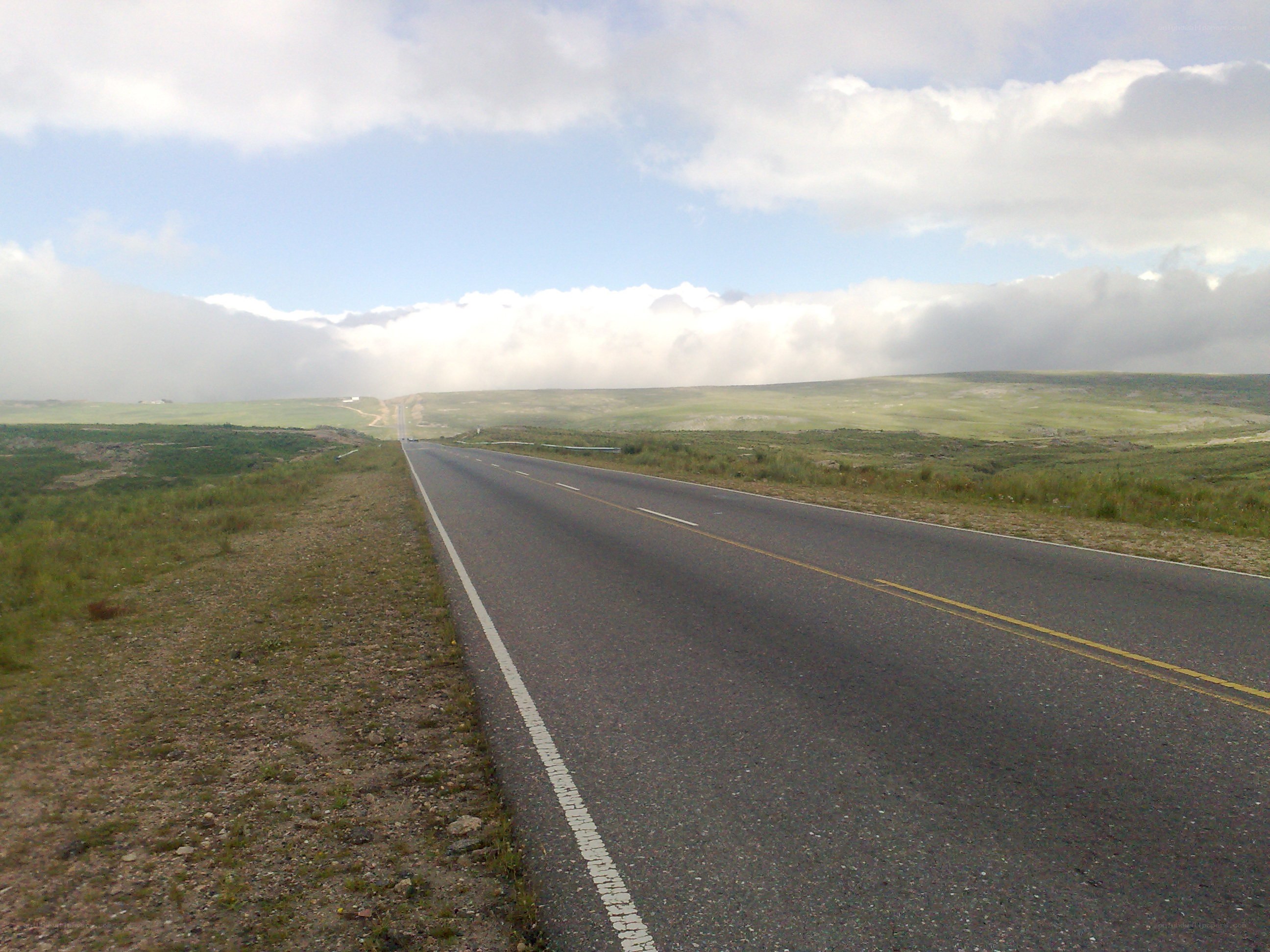 Long road through grassy hills
