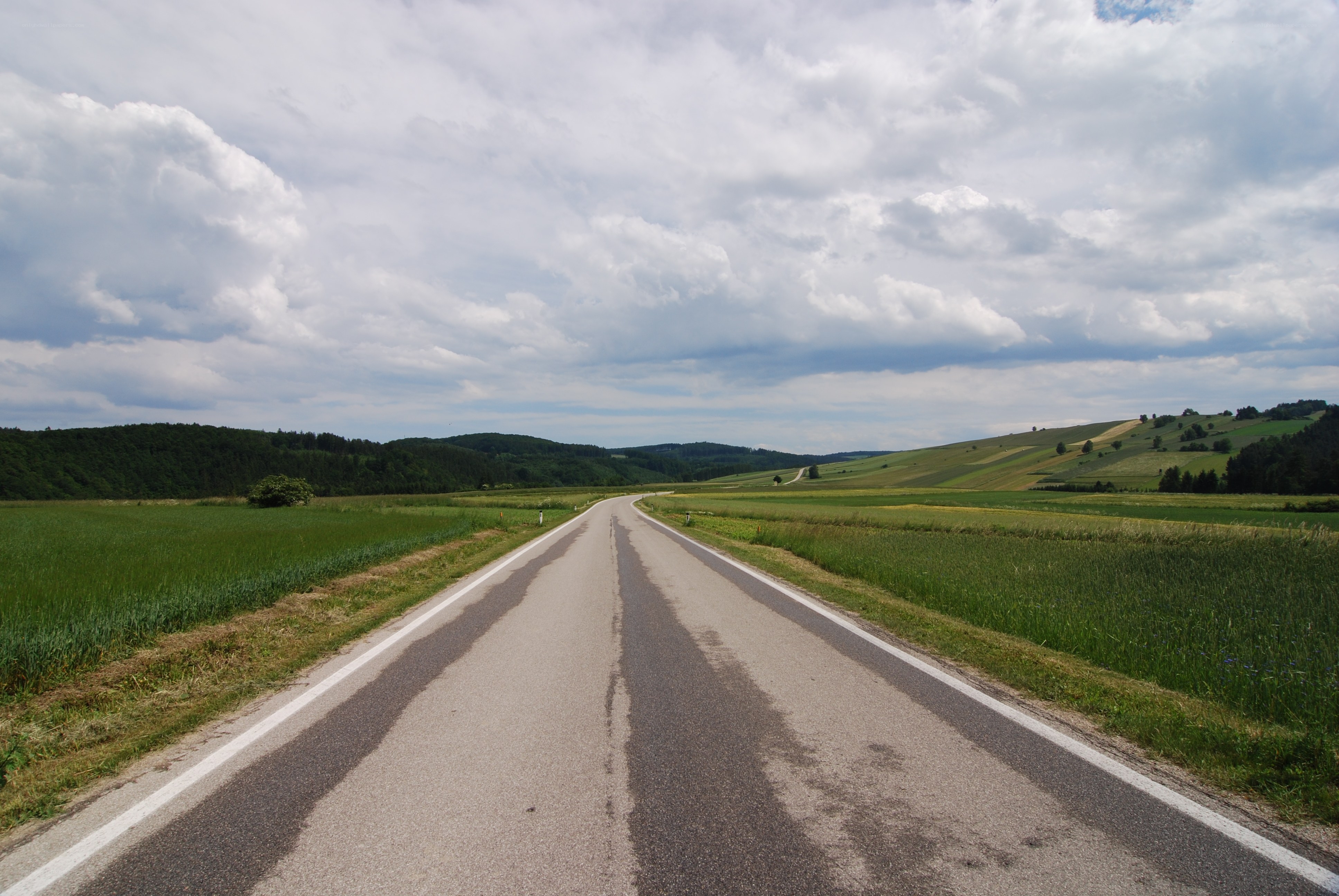 Long road through green fields