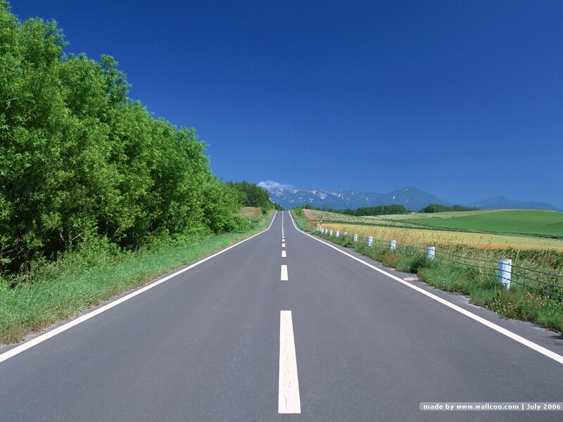 Long road through green fields
