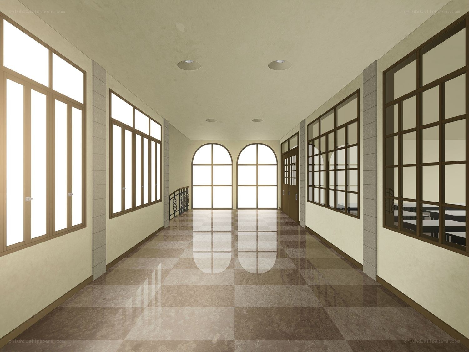 long school hallway with arched windows