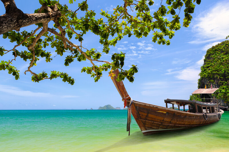 Long-tail Boat at Beach — Blue, Serene