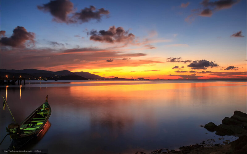 Long-tail Boat at Sunset — Orange, Serene, Photograph