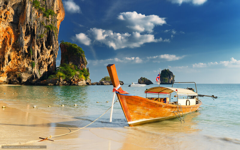 Long-tail Boat on Beach — Blue, Serene, Afternoon, Photograph, Cliff, Sea, Sky