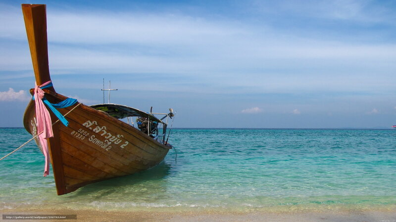 Long-tail Boat on Beach — Blue, Serene, Afternoon, Photograph, Ocean, Sky