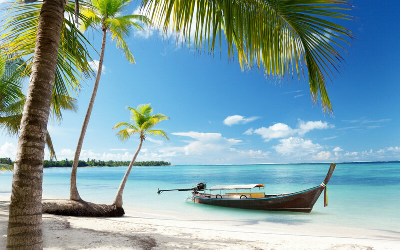 Long-tail Boat on Beach — Blue, Serene, Afternoon, Photograph, Palm Trees, Ocean