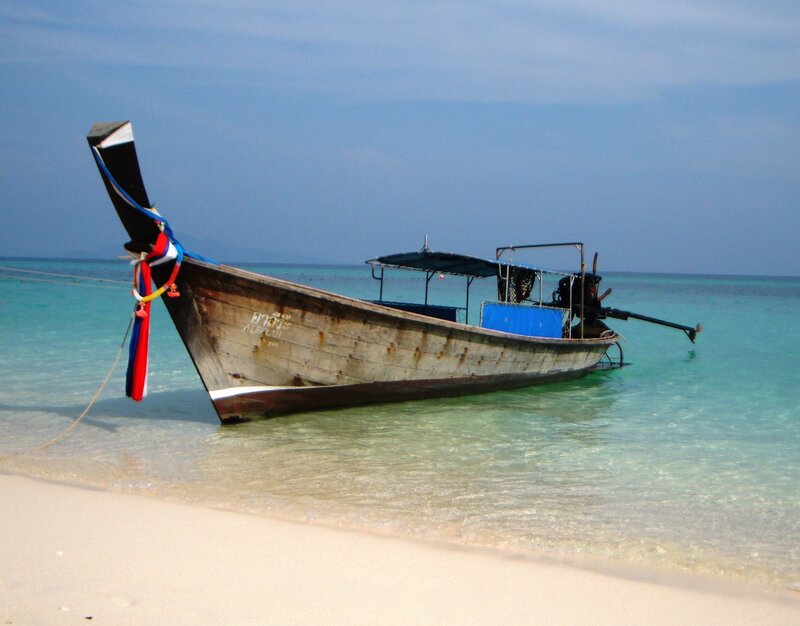 Long-tail Boat on Beach — Blue