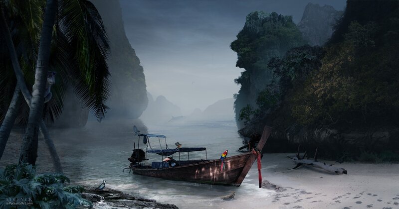 Long-tail Boat on Beach — Gray