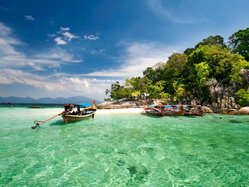 Long-tail Boats at Beach — Blue, Serene